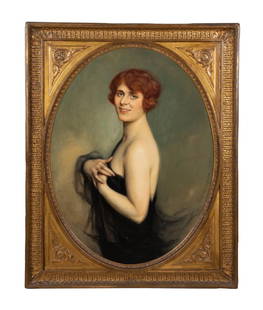 JULES CAYRON, "PORTRAIT OF A WOMAN", OIL ON CANVAS: Jules Cayron (French 1868-1940), "Portrait of a Woman", 1925, depicting a side profile of a woman with red hair, signed and dated to center right, Salon de 1925 ink stamp en verso, in a gilt frame. Pr