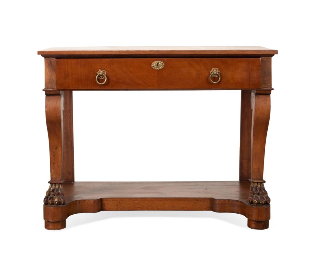 19TH C. CONTINENTAL EMPIRE STYLE CONSOLE TABLE: Continental, likely French, fruit wood Empire or Charles X style console table, second half 19th century, having a rectangular top, over a shaped frieze with a single drawer, supported on scroll legs 
