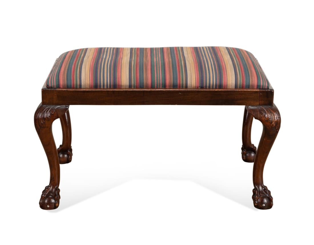 GEORGE III CHIPPENDALE STYLE MAHOGANY STOOL: American or English mahogany stool or bench in the George III Chippendale taste, having an upholstered seat and rising on cabriole legs with claw and ball feet. Provenance: : From the Private Collecti