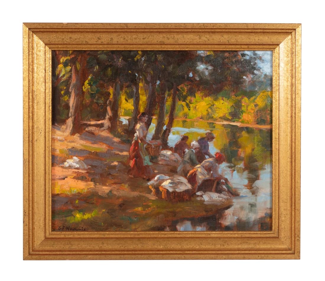G. F. HARRIS "FRENCH WASHWOMEN" SMALL O/B: Gregory Frank Harris (American b. 1953), "French Washwomen", 2005, oil on board, signed "G. F. Harris" to lower lower left, signed, titled, and dated en verso, framed. Approximate measurements: board 