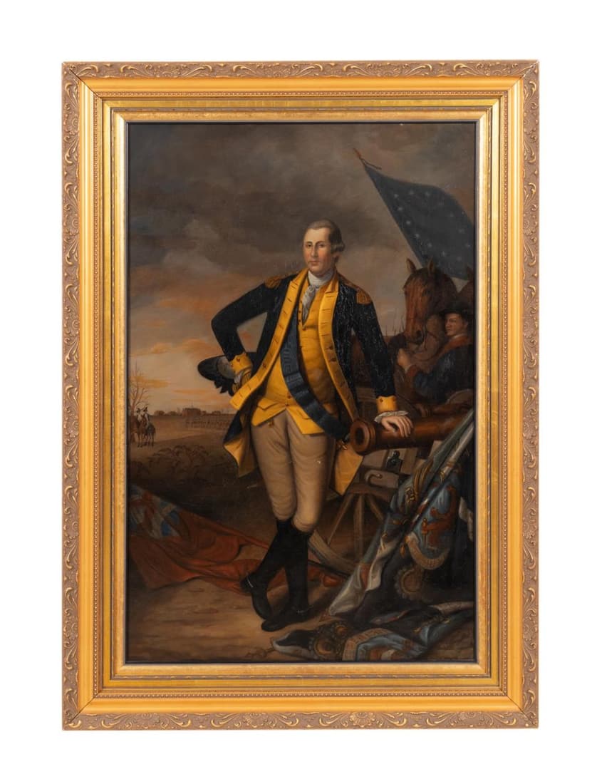 AFTER PEALE, GEORGE WASHINGTON AT PRINCETON, OIL: James Wenneker von Brunn (American 1920-2010), after Charles Wilson Peale (American 1741-1827), "George Washington After The Battle Of Princeton", oil on canvas, full length portrait depicting General