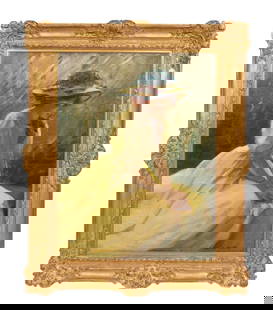 C. MORTON, WOMAN IN YELLOW DRESS, O/C: Christina Morton (American 1878-1957), oil on canvas portrait depicting a seated woman with red hair wearing a yellow dress and a wide brimmed hat with blue accents, signed at lower right, framed. App