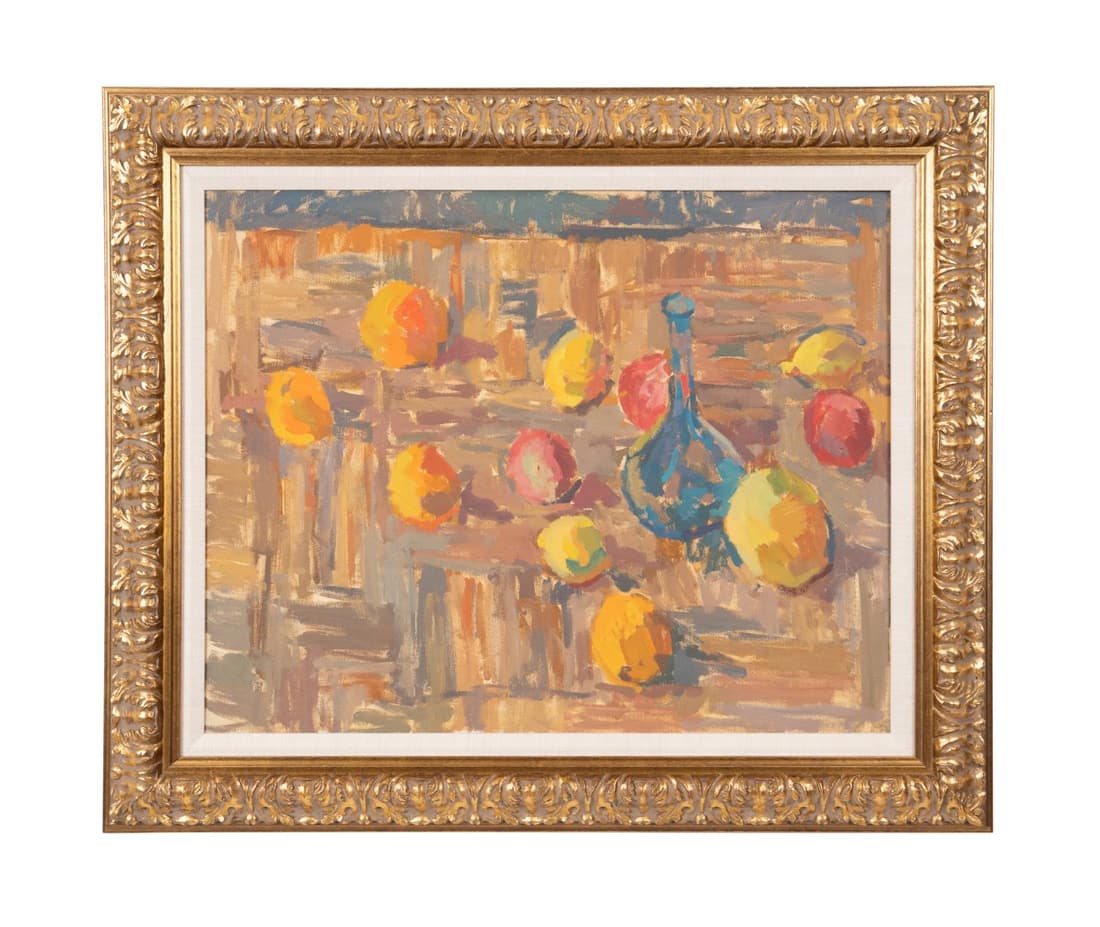 MANNER OF ALLEN WOLF, FRUIT STILL LIFE O/C: Manner of Allen Wolf (American 1925-2011), "Still Life with Fruit" 20th/ 21st century, oil on canvas depicting an abstract or Cubist style still life with a blue glass bottle form vase and fruit, havi