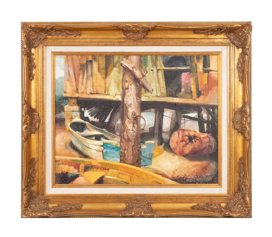 FORREST JACOBS "LOW TIDE" GILT FRAMED O/B: Forrest Jacobs (American / Marietta 20th century), "Low Tide" oil on canvas board depicting a dock and small boat resting on the bottom of the water bed, signed to lower right and titled en verso, fra