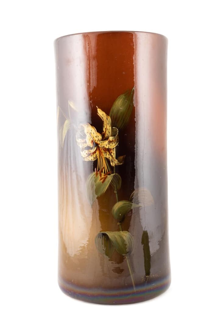 WELLER LOUWELSA SIGNED UMBRELLA STAND, CA 1900: Weller Louwelsa signed standard glaze slip decorated umbrella stand, circa 1900, of cylinder form, having a painted tall, yellow day lily stem, signed M. Mitchell, for Minnie Mitchell, with an impress