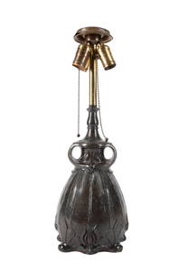 E. 20TH C. AMERICAN ARTS & CRAFTS OWL LAMP BASE: Pittsburgh Lamp, Brass, and Glass Company (American 1901-1926) or Handel Lamp Company (American 1885-1941) Arts & Crafts patinated metal Owl lamp base, early 20th century, having three sockets, Handel