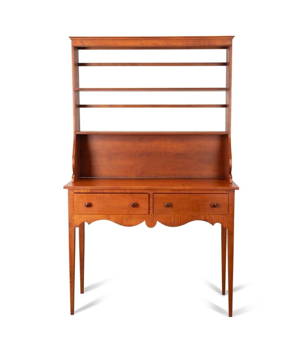 2PC DAVID T. SMITH TIGER MAPLE HUNTBOARD WITH RACK: The Workshop of David T. Smith (American 1980), bench made tiger maple huntboard in the Country Sheraton taste, having two drawers and rising on tapered legs with a two shelf rack, both pieces with st