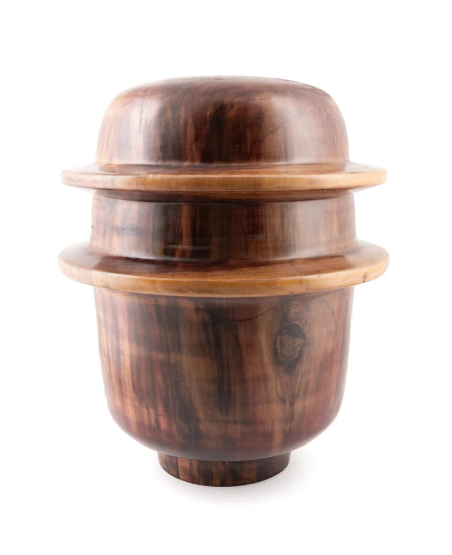 JOHN TOMLIN TULIPWOOD TURNED VASE: John Tomlin (American late 20th early 20th century), tulipwood turned vase, of oval form with stacked integral flanges, signed, dated 03. 09. 06, and species identified underneath. Approximate measure