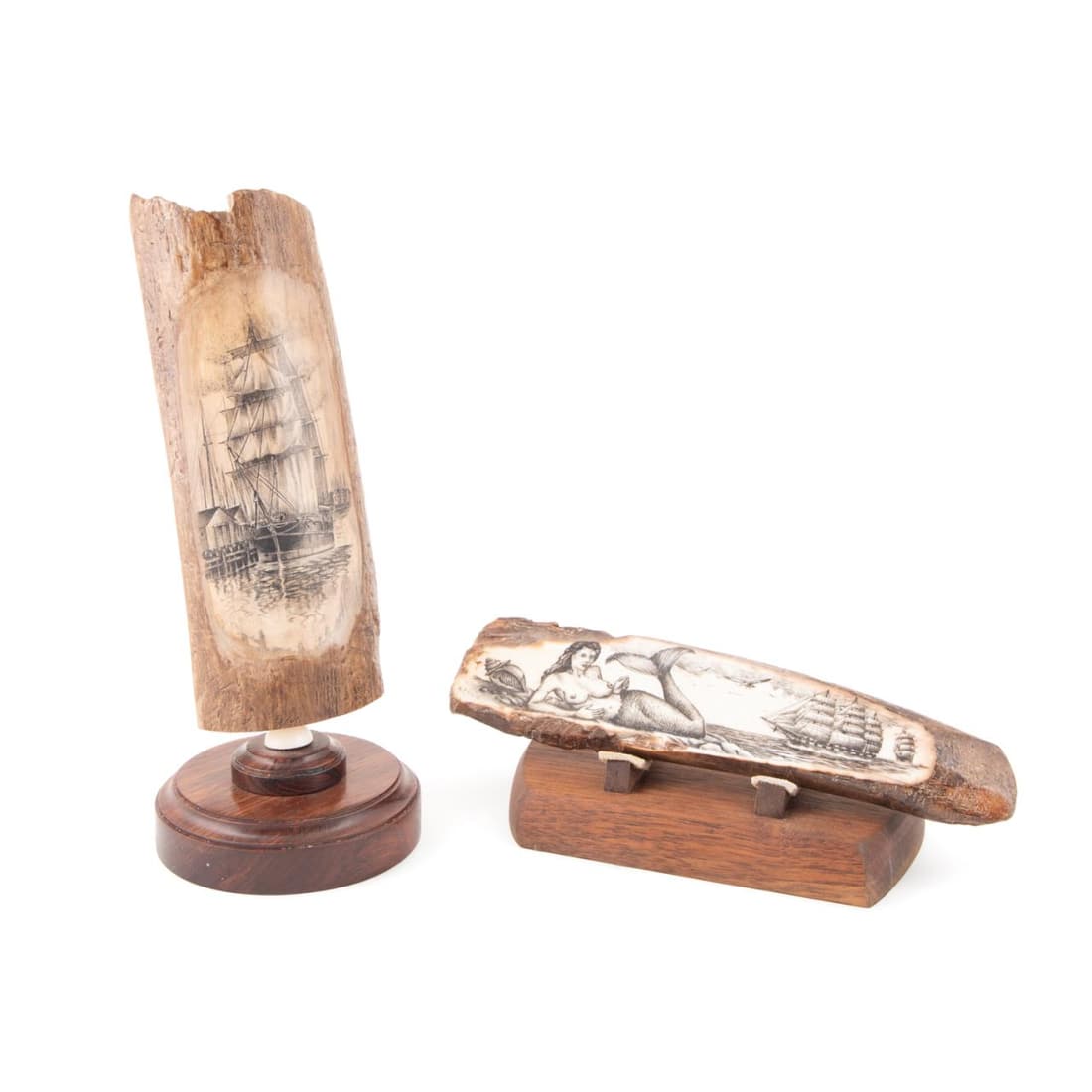 2PCS SIGNED JAMES W. LEE FOSSIL SCRIMSHAW: Two pieces of signed James W. Lee fossil scrimshaw, comprising a fossil woolly mammoth tooth slice with a portrait of a masted ship in a harbor, having no apparent signature but retaining a pamphlet i