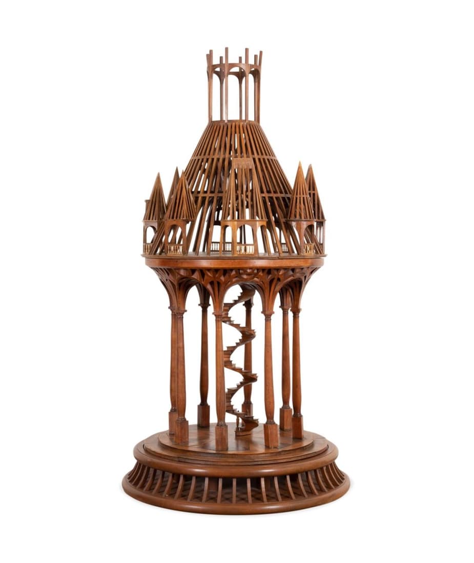 LARGE FRENCH ARCHITECTURAL WOOD MODEL W/ STAIRCASE: Style of Francois Dumollard Perpignan (French) large 3D hand constructed mixed wood architectural model of a spiral staircase and roof truss, resting on a rotating round plinth base, apparently unmark