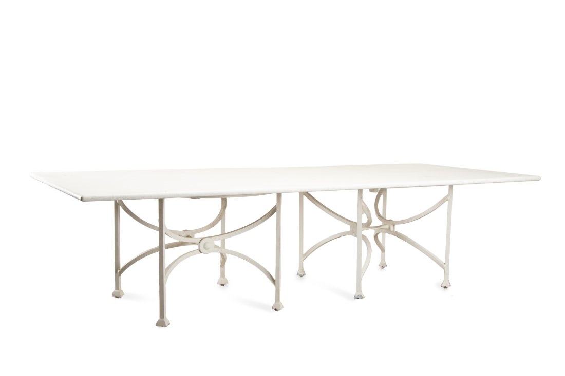 3PC KREISS OUTDOOR DINING TABLE WITH FAUX STONE: Three piece Kreiss (American 1939) Mykonos cream finished aluminum outdoor dining table composed of a Compac (Spanish 1975) faux stone rectangular top and two circular Mykonos table bases, the top mar