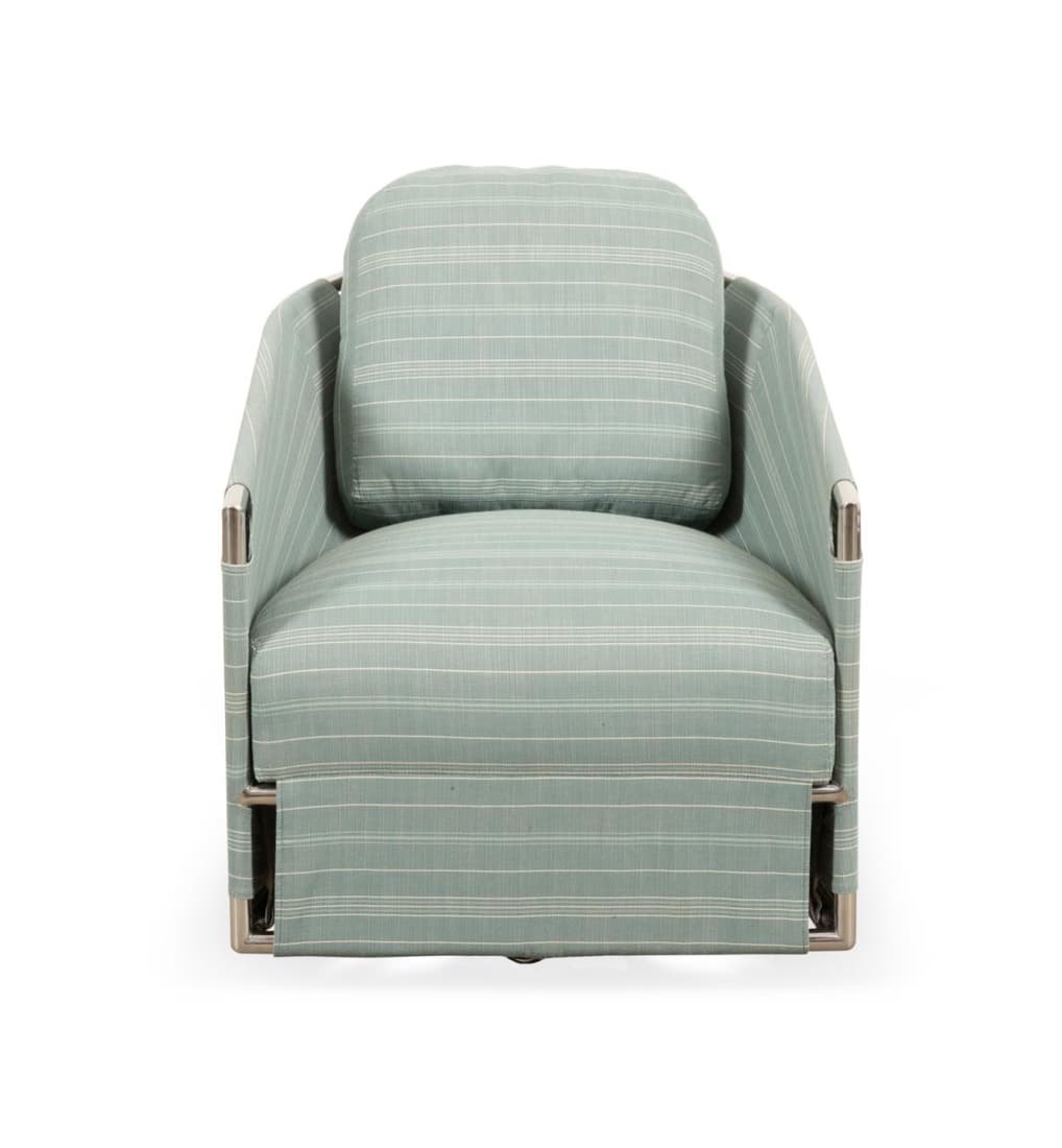 SUTHERLAND "MARINER 316 SWIVEL TUB'"CHAIR: John Hutton for Sutherland Furniture (American), "Mariner 316 Swivel Tub" outdoor chair upholstered in a sea foam "Rough n' Rowdy" fabric with light green and white stripes over a metal frame. Approxi