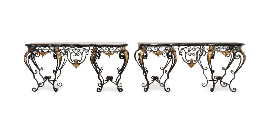 PAIR MAITLAND SMITH TESSELLATED IRON CONSOLES: Pair of Maitland Smith iron or steel console tables in the Baroque taste, having tessellated marble tops, and scrolled bodies with brass accents, with no apparent marks. Approximate measurements: h. 3