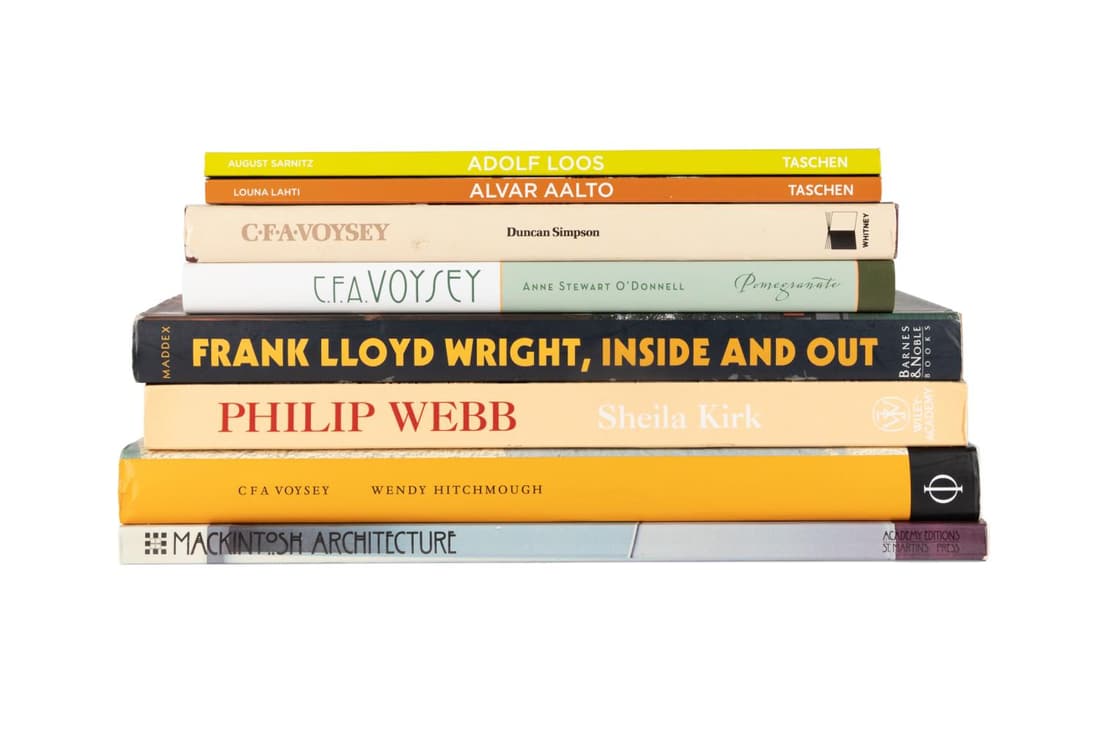 EIGHT BOOKS ON 20TH CENTURY ARCHITECTURE: Group of of eight hardcover and softcover books on architecture including Sheila Kirk, "Philip Webb: Pioneer Of Arts & Crafts Architecture", Diane Maddex, "Frank Lloyd Wright: Inside And Out", and Wen