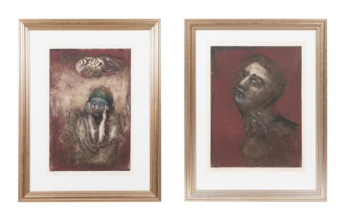 PAIR OF KATHLEEN MORRIS MONOPRINTS: Pair of Kathleen Morris (American b. 1946), monoprints, the first, 'Passion Now', depicting a blue faced figure on an abstract and dark background, titled to lower left, editioned to lower center, sig