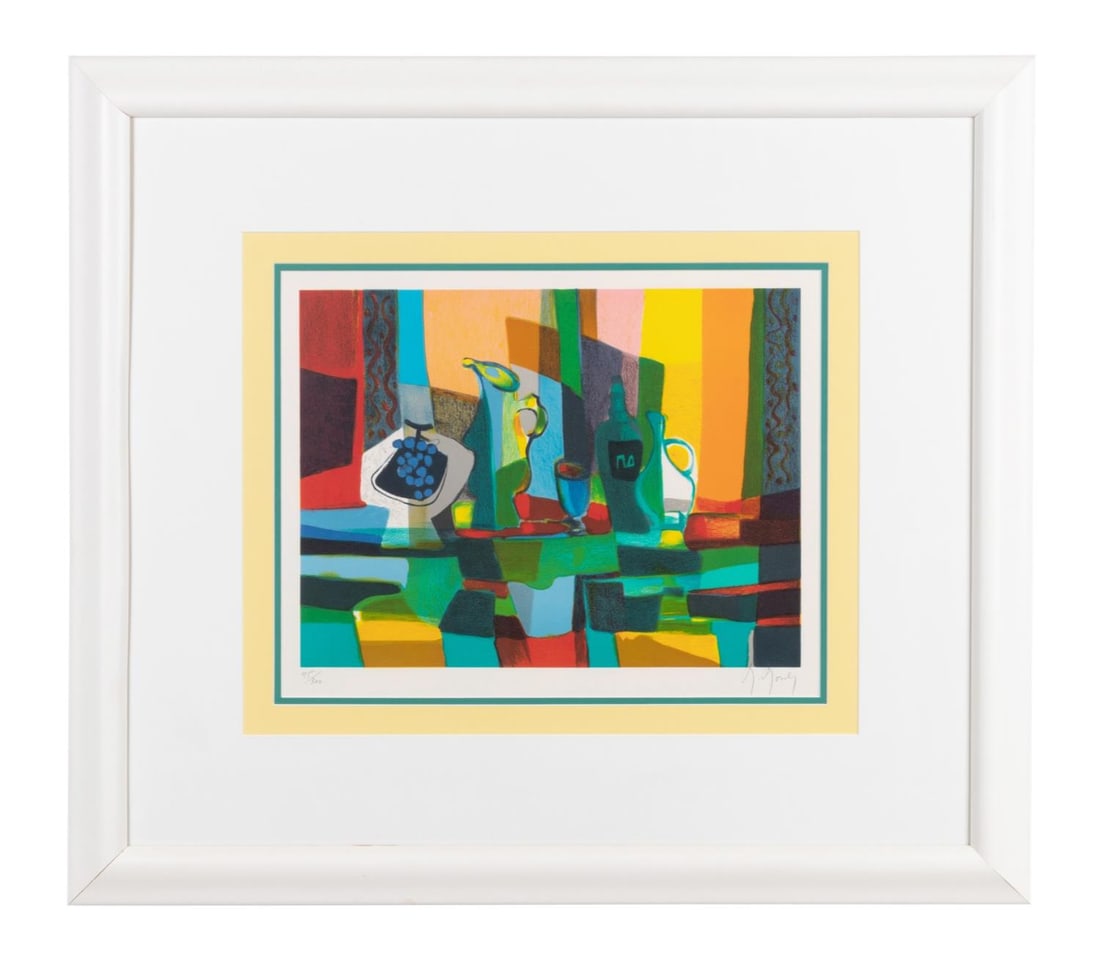 MARCEL MOULY 'STILL LIFE WITH WINE & GRAPES' LITHO: Marcel Mouly (French 1918-2008), 'Still Life with Wine and Grapes', lithograph,depicting an abstract still life with a wine glass, vases, a wine bottle and grapes in bright colors, editioned in pencil