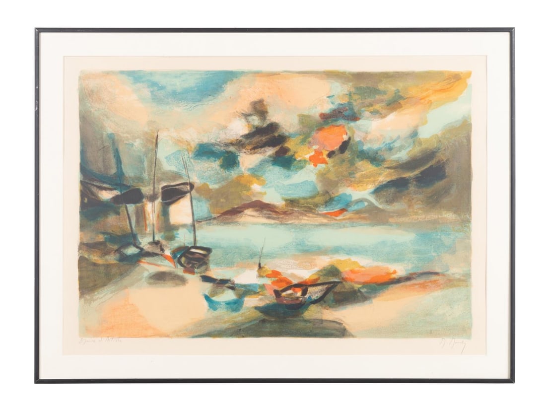 MARCEL MOULY 'LE PETIT PORT' LITHOGRAPH AP: Marcel Mouly (French 1918-2008), 'Le Petit Port', lithograph, depicting an abstract scene with boat, editioned in pencil to lower left Artist's Proof (in French), signed in pencil to lower right, in a