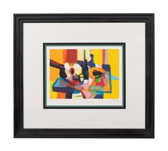 MARCEL MOULY 'STILL LIFE WITH GUITAR' LITHOGRAPH: Marcel Mouly (French 1918-2008), 'Still Life with Guitar', lithograph, depicting a bright color abstract still life with a guitar, bottles and more on a table, editioned in pencil to lower left 104/30