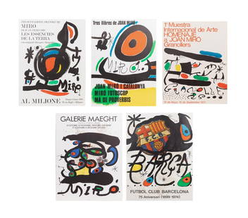 FIVE JOAN MIRO EXHIBITION LITHOGRAPH POSTERS: Five Joan Miro (Spanish 1893-1983), lithograph exhibition posters comprising, 1a Muestra Internacional de Arte, signed in plate, published by La Poligrafa S. A. Barcelona, 1971; Futbol Club Barcelona