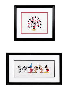 TWO FRAMED DISNEY ANIMATION SERICELS: Two Disney animation cells comprising, 'Through the Mirror- cards' serigraph on cell,; and 'Mickey Through the Years" serigraph on cell, each a limited edition of 5000, both framed and having a COA. A