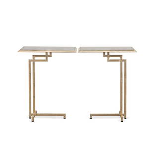 PR CHRISTOPHER GUY 'VOLTAIR' GLASS TOP SIDE TABLES: Pair of Christopher Guy 'Voltaire' side tables, having a rectangular smoked glass top and raised on a geometric metal base with a bronzed finish, apparently unmarked. Approximate dimensions: h. 22.375