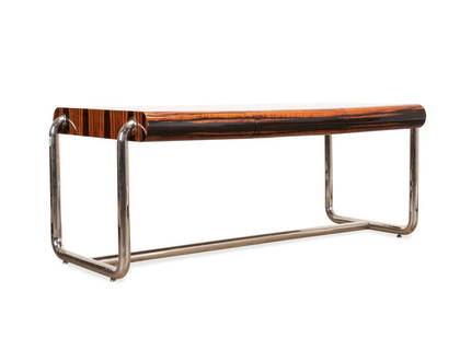 LEON ROSEN FOR PACE MACASSAR EBONY & CHROME DESK: Leon Rosen for the Pace Collection lacquered Macassar ebony veneered and chrome desk, circa 1970, featuring three drawers and mounted on tubular legs, apparently unmarked. Approximate dimensions: h. 2