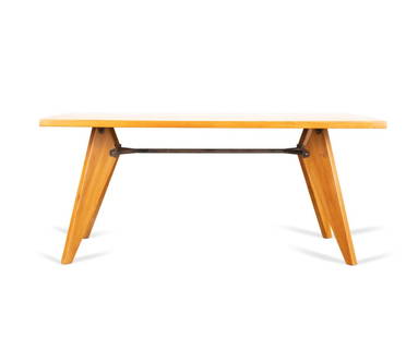 JEAN PROUVE FOR VITRA 'EM' OAK DINING TABLE: Jean Prouve (French 1901-1984), for Vitra 'EM' oak dinning table, mid 20th century, having a rectangular top supported on canted legs, and connected by an iron crossbar, apparently unmarked. Approxima