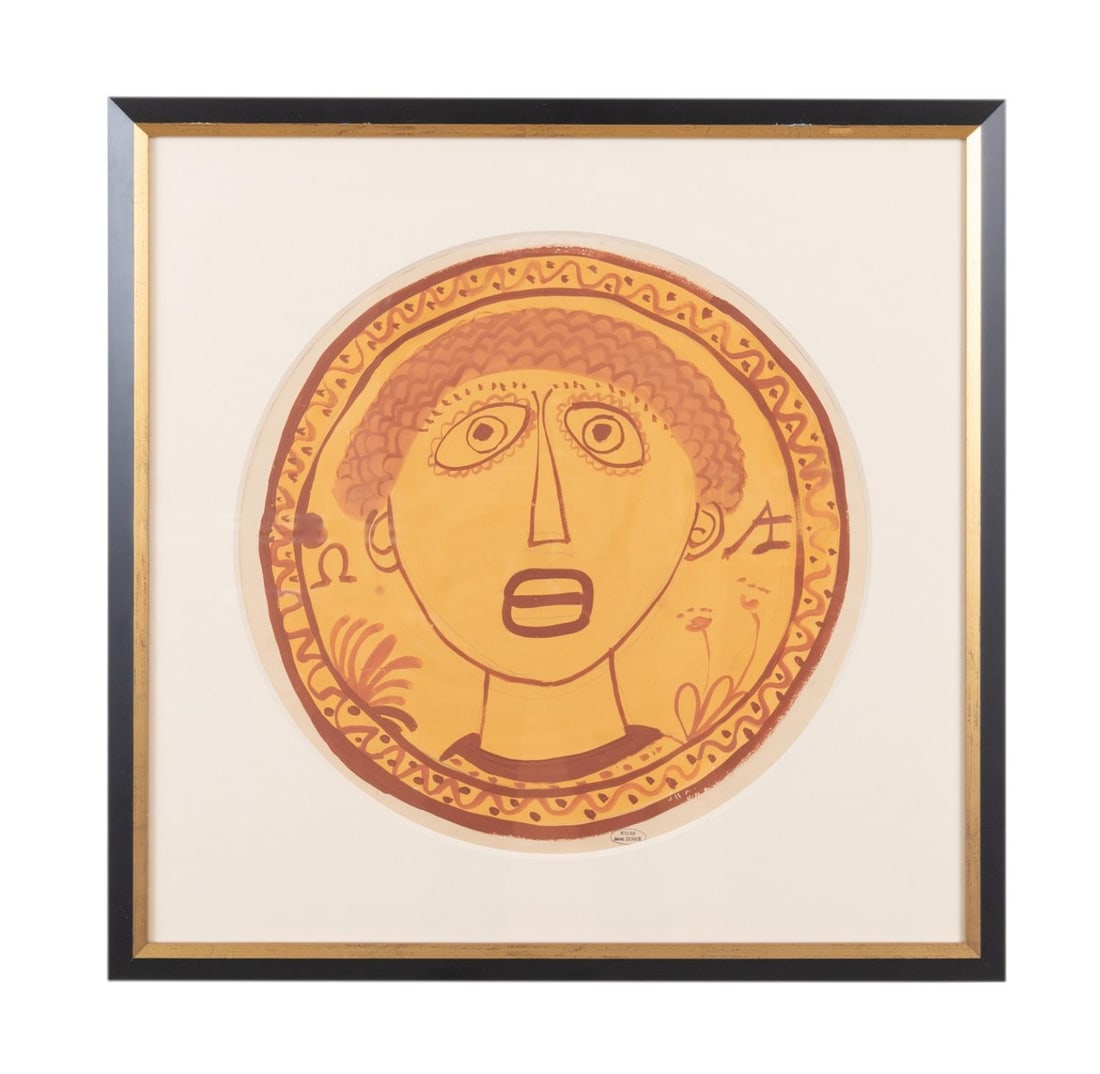 ANDRE DERAIN 'ANTIQUE HEAD' CIRCULAR GOUACHE: Andre Derain (French 188/0-1954), 'Antique Head', circa 1938, gouache on J. Annonay paper depicting a portrait in the style of ancient Greece, having a stamped signature to lower right, Brook Street G