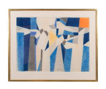 HERBERT BAYER 'TECTONIC', ABSTRACT PASTEL DRAWING: Herbert Bayer (American / German 1900-1985), 'Tectonic', 1957, pastel on velvet textured paper depicting blue and white geometric shapes, signed and dated to lower right, inscription en verso, Dunkelm