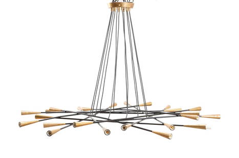 ITALIAN STILNOVO 'SHANGHAI' CHANDELIER, C. 1960: Stilnovo (Italian 1946), 'Shanghai' Mid-Century Modern 24 light chandelier, circa 1960, having 12 suspended black finished metal rods with brass conical sockets, apparently unmarked. Approximate dimen