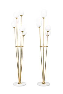 PAIR STILNOVO 'ALBERELL' FLOOR LAMPS: Pair of Stilnovo (Italian 1946), 'Alberell' floor lamps, third quarter 20th century, each having six radiating brass stems with opaque glass globes, and rising on a white marble base, apparently unmar