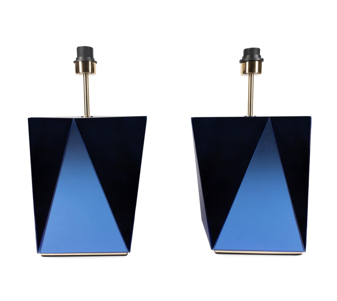 PAIR MODERN ITALIAN GEOMETRIC BLUE MIRRORED LAMPS (1 of 7)