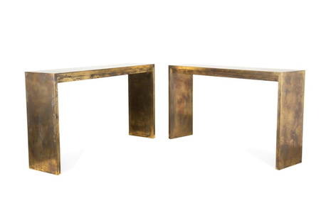 PR VINTAGE ITALIAN OILED BRASS PARSONS CONSOLES: Pair of Italian brass clad wood Parsons style console tables, circa 1970, each having an oiled finish and apparently unmarked. Approximate dimensions: h. 40.75", w. 71", d. 16.625".