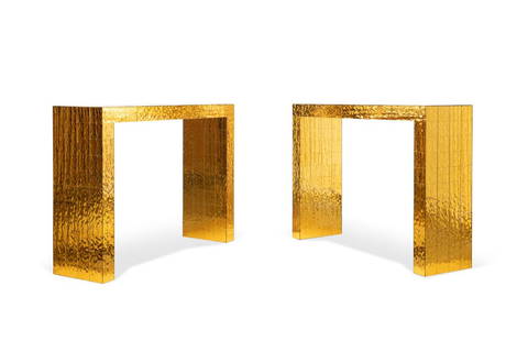 PR EFFETTO VETRO GOLD GLASS TILE CONSOLE TABLES: Pair of Effetto Vetro (Italian / Milano), contemporary gold glass tile Parsons console tables, each having a waterfall silhouette and maker's mark to underside. Approximate dimensions: h. 35.625", w.