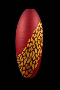 MASSIMILIANO SCHIAVON, RED & YELLOW TALL VASE, 1/1: Massimilliano Schiavon (Italian b. 1971), Red & Yellow Vase, contemporary, blown and battuto glass, signed and numbered 1/1 and to the underside, having The Fleischer Collection label to underside. Pr