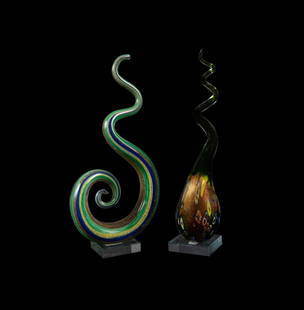 TWO MURANO ART GLASS SPIRAL SCULPTURES: Two Italian Murano art glass sculptures, comprising one spiral on an acrylic base and one tear drop with a spiral stem on an acrylic base, one retaining a Murano Glass label on base. Provenance: From