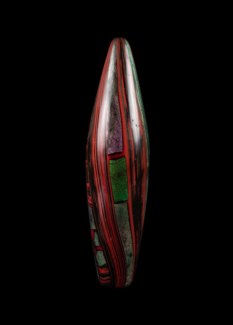 MICHELE BURATO, 'DICRO' MURANO ART GLASS VASE,1999: Michele Burato (Italian b.1957), 'Dicro', 1999, blown glass vase with murrine in red, black. pink, and green, signed, dated, and titled to underside. Provenance: From the Morris Museum of Art, Augusta