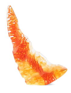 MICHAEL BEHRENS 'SEAFORM...' ART GLASS SCULPTURE: Michael Behrens (German / American b. 1973), 'Seaform 173(2015)' sculpture, 2015, in kiln cast and polished glass having a crescent form in orange hues, signed, titled, and dated to back edge. Provena