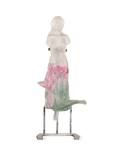 MARGOT GOTOFF 'TETHYS' FIGURAL ART GLASS SCULPTURE: Margot Jacobson Gotoff (American 20th century), 'Tethys (Springtime), 2008, cast glass and chrome sculpture, depicting a female figure with a fuschia and green dress, apparently unsigned, accompanied