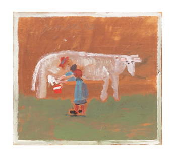 JIMMY LEE SUDDUTH 'MILKING COW', OIL//PANEL: Jimmie Lee Sudduth (American 1910-2007), "Milking Cow", folk art oil on panel, signed Jim Sudduth" to upper left, unframed. Approximate dimensions: board h. 24", w. 26.625, d. 0.25".