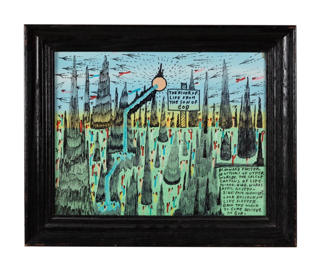 HOWARD FINSTER 'RIVER OF LIFE..' MM ON BOARD: Howard Finster (American 1916-2001), 'River of life from the Son of God', 1990, mixed media on board, signed to lower right, signed, and dated en verso, framed. Approximate dimensions: board h. 11", w