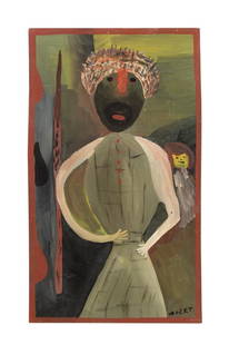 MOSE TOLLIVER 'ABSTRACT FIGURES' OIL ON BOARD: Mose Tolliver (American 1920-2006), 'Abstract Figures', oil on board, depicting an abstract man and child, signed to lower right, unframed. Approximate dimensions: board h. 29.25", w. 17.25"