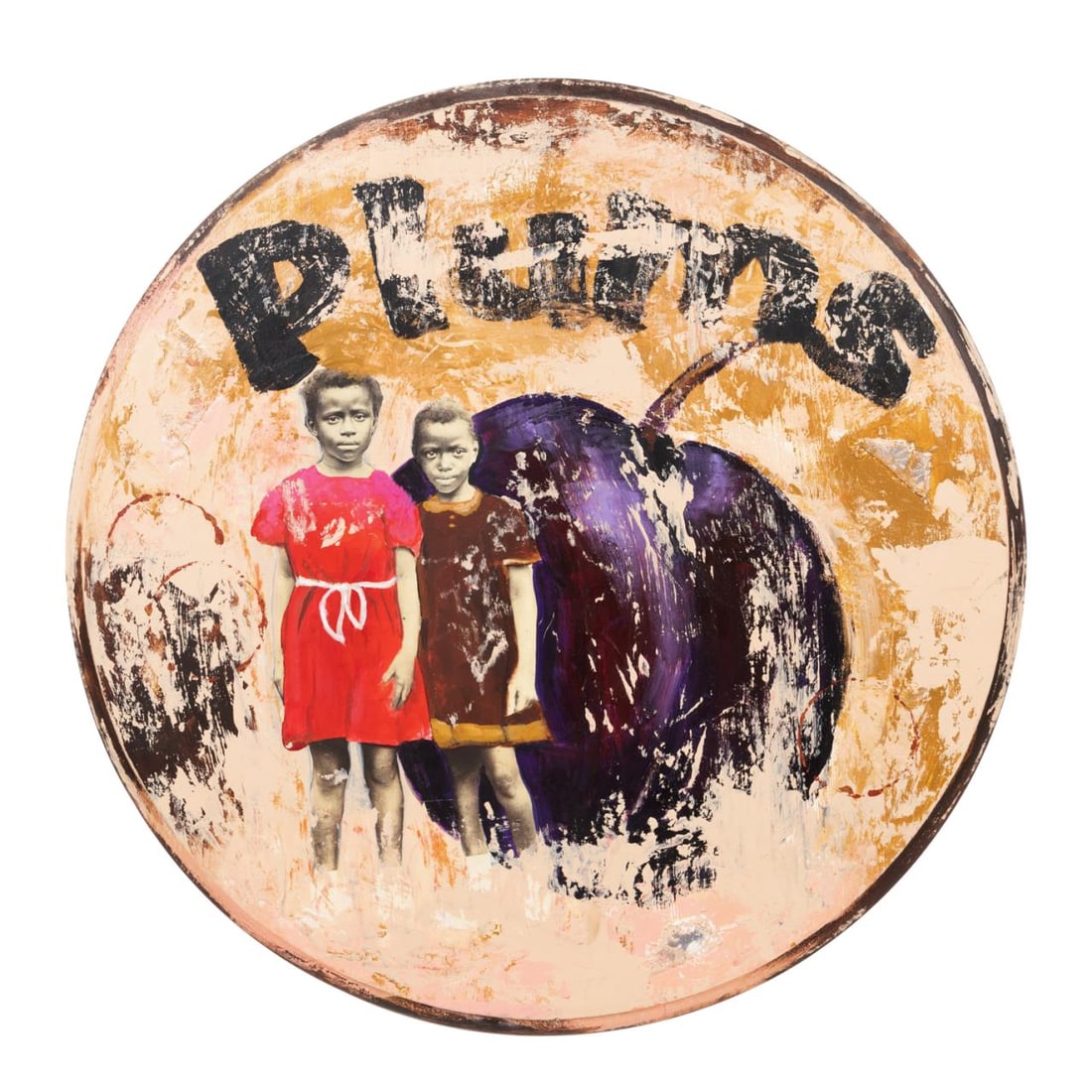 CEDRIC SMITH 'PLUMS' MIXED MEDIA, 2002: Cedric Smith (American, b. 1970), 'Plums', mixed media on wood, 2002, depicting an abstract scene with two children and a large plum, titled, signed and dated en verso, unframed. Approximate dimension