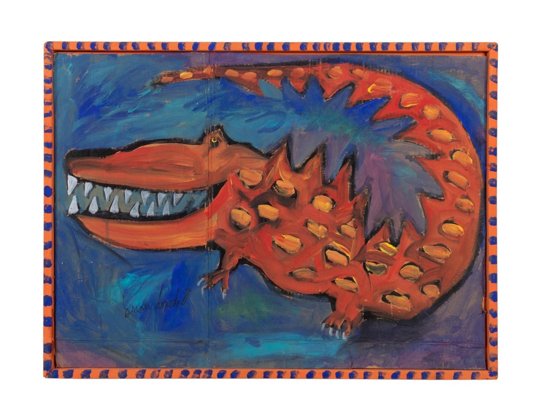 BRIAN DOWDALL 'CROK ORANGE' MM ON CARDBOARD: Brian Dowdall (American, b. 1948), 'Crok Orange', mixed media on cardboard, depicting an orange crocodile with sharp teeth on a blue background, signed to lower left, titled en verso, in a painted fra