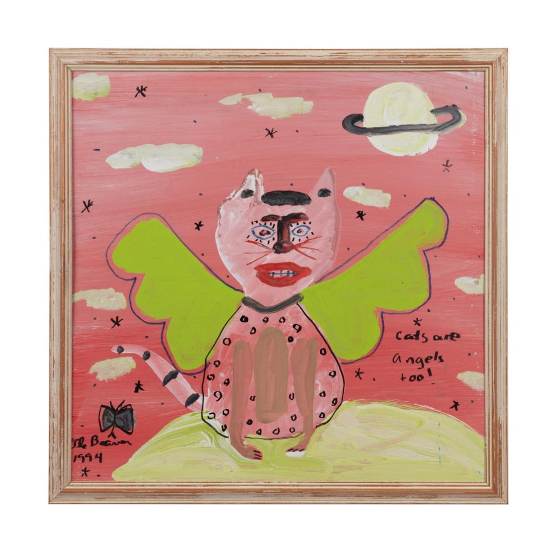 ROBYN BEVERLAND 'CATS ARE ANGELS TOO!' MM/ BOARD: Robyn 'The Beaver' Beverland (American 1957-1998), 'Cats Are Angels Too!', 1994, mixed media on board, depicting a pink cat with green angel wings and clouds, stars and a planet in the background, sig