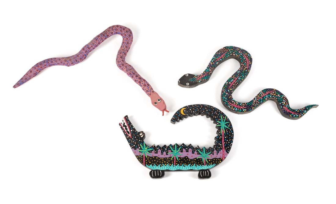 THREE PAINT DECORATED WOODEN FOLK ART ANIMALS (1 of 10)