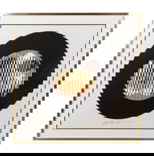 YAACOV AGAM, 'COSMIC ENERGY', CIRCULAR SERIGRAPH: Yaacov Agam (Israeli, b.1928), 'Cosmic Energy', serigraph on paper depicting lines and circles with a circular black border, ink signed to lower center and numbered 13/66 to lower left, framed. Proven