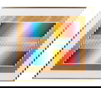 YAAKOV AGAM 'THANKSGIVING' RAINBOW SERIGRAPH: Yaacov Agam (Israeli / American b. 1928), 'Thanksgiving' (Integrated Rainbow), color serigraph on paper depicting a rainbow palette, having a gold background, pencil signed to lower right and numbered