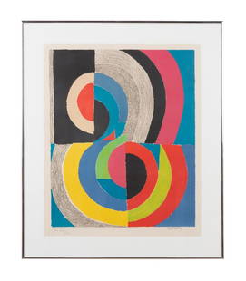 S. DELAUNAY, 'L'OISEAU DE FEU' COLOR LITHOGRAPH: Sonia Delaunay (French 1885-1979), "L'Oiseau De Feu", color lithograph on paper depicting abstract circles, pencil signed to lower right and numbered H.C. 18/25 (XVIII/XXV) to lower left, framed. Prov