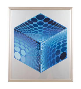 VICTOR VASARELY 'BLUE CUBE' COLOR SCREENPRINT: Victor Vasarely (French 1906-1997), 'Blue Cube' color screenprint on paper, signed to lower right and numbered 68/150 to lower left, framed. Provenance: From the Private Collection of Hillel and Johan